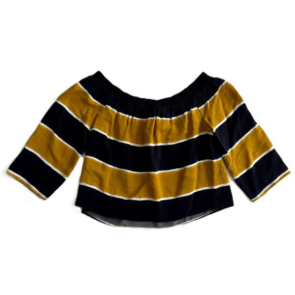 Zara Navy Blue and Mustard Stripes Off The Shoulder Top XS - Picture 1 of 7